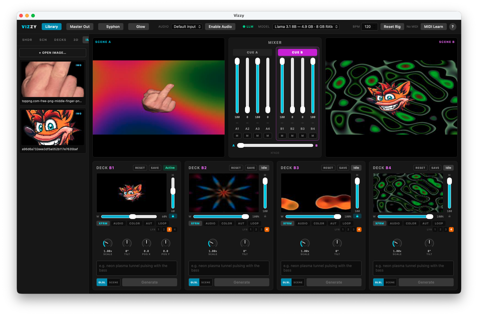 The Vizzy interface: top bar of controls, two scene views with the mixer between them, and four deck builder cards along the bottom