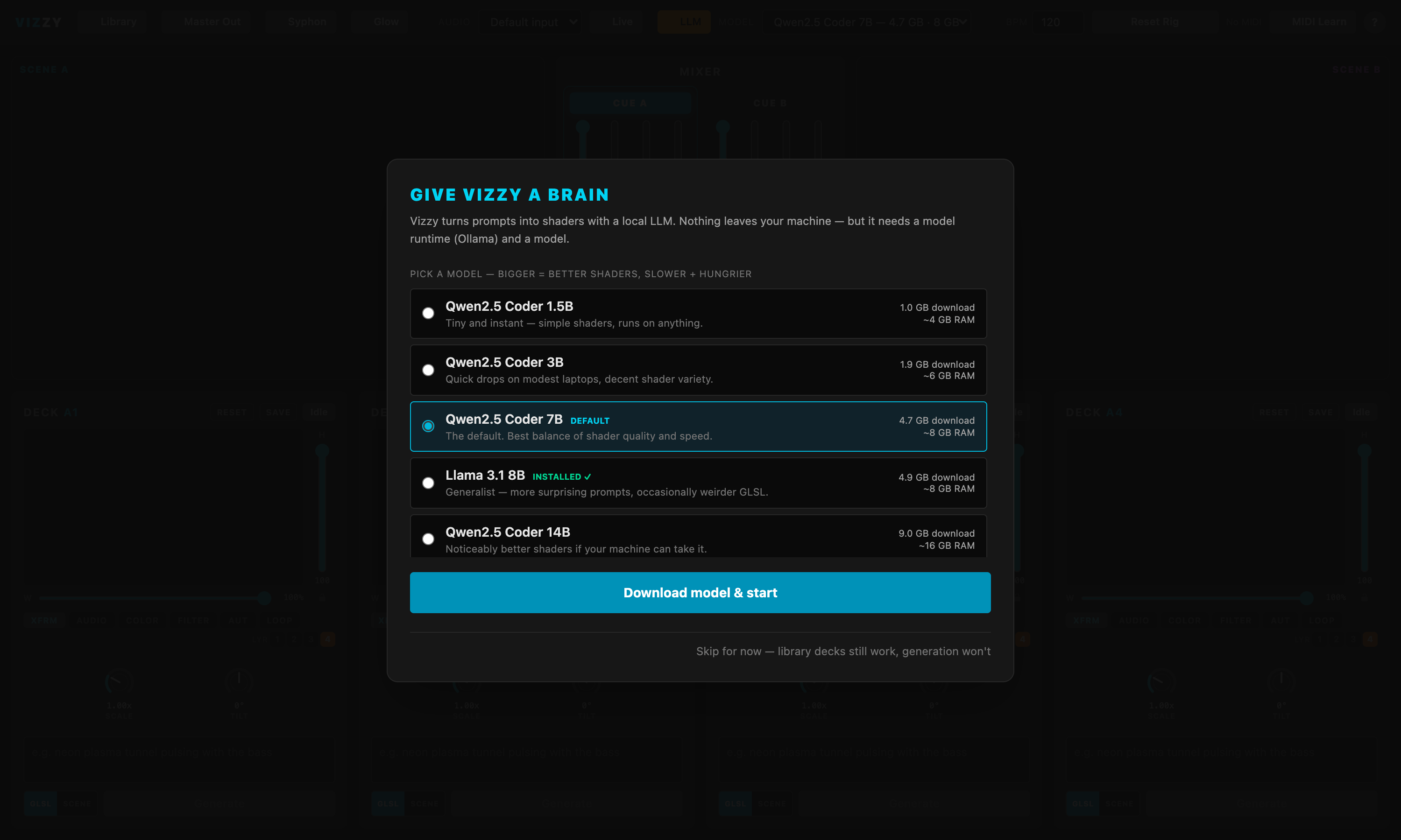 Vizzy's first-run model picker — the Give Vizzy a Brain screen, listing Qwen and Llama models with a Download model & start button