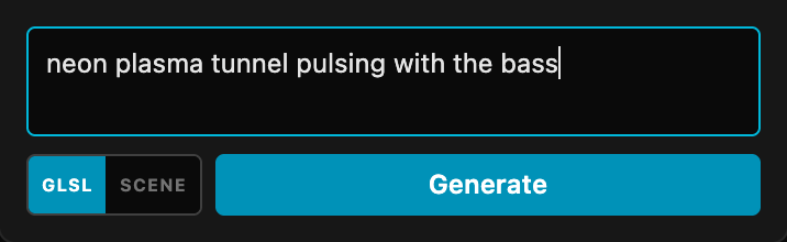 A deck's prompt box with the GLSL/SCENE toggle and the Generate button